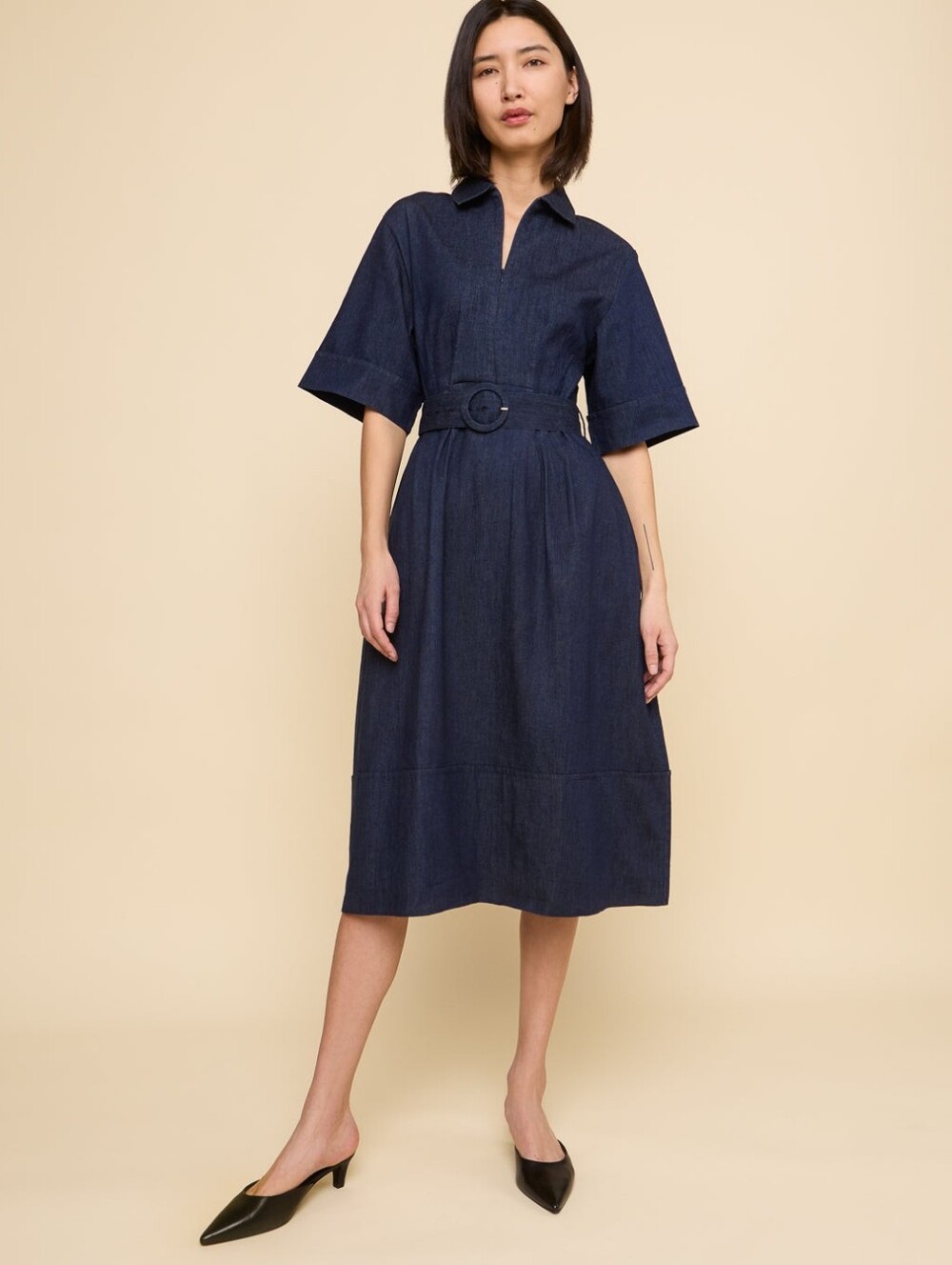 Mixed Belted Midi Shirt Dress in Deep Navy Size S